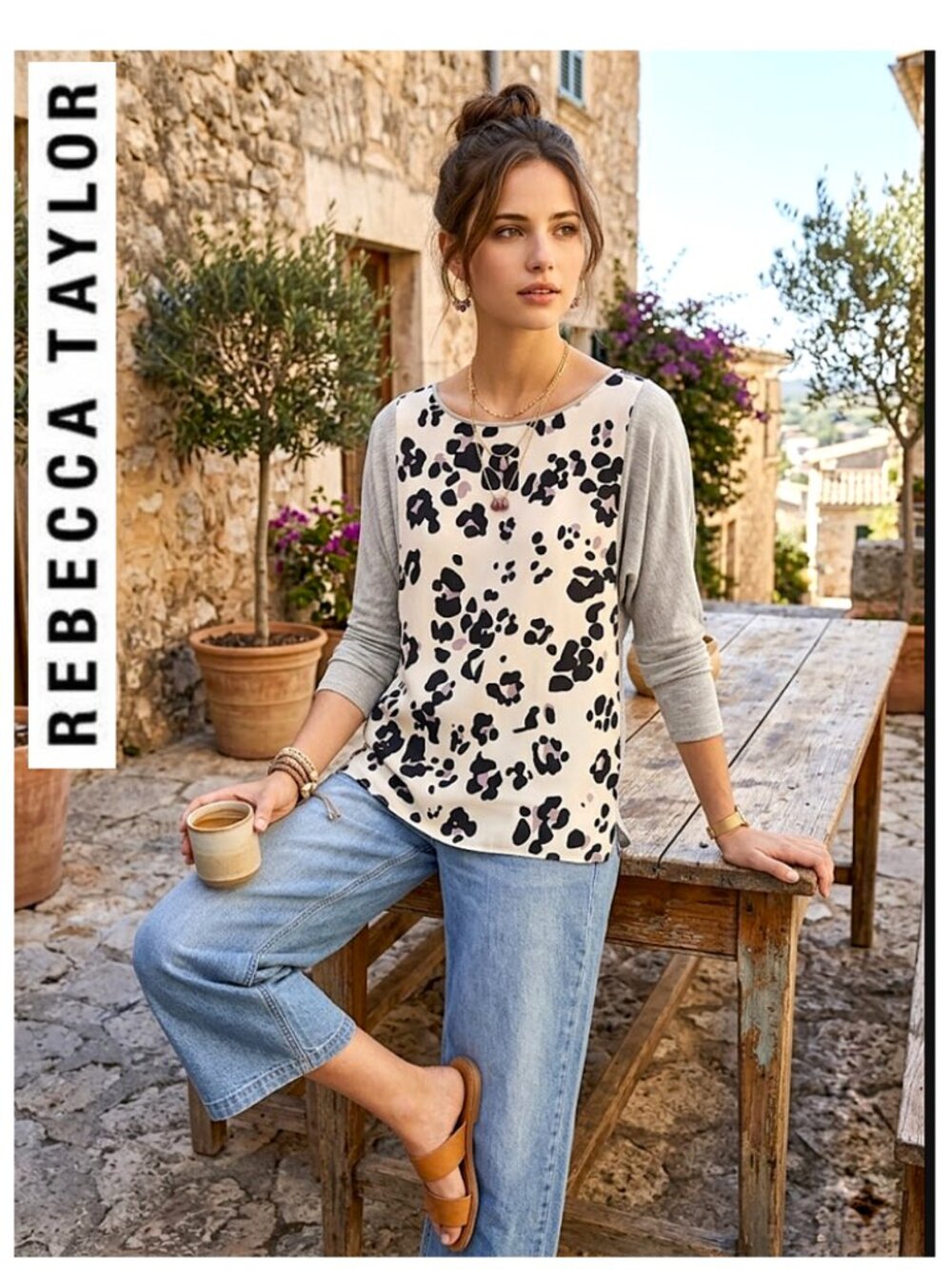 Designer! - REBECCA TAYLOR, 100% silk long sleeve animal print t-shirt